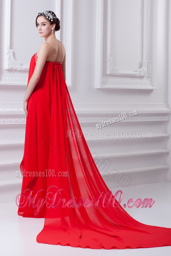 Empire Red Strapless Beading Chiffon Watteau Train Evening Dress