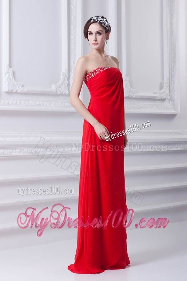 Empire Red Strapless Beading Chiffon Watteau Train Evening Dress