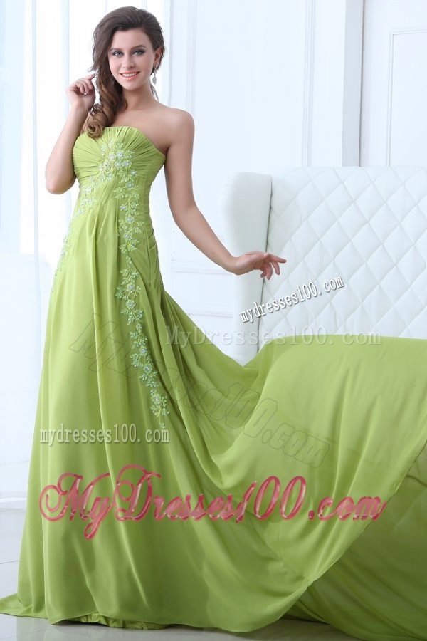 Empire Strapless Yellow Green Appliques and Ruching Evening Dress