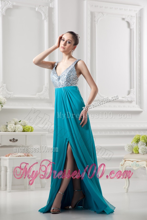 Empire Straps High Slit Pailette Teal Chiffon Evening Dress