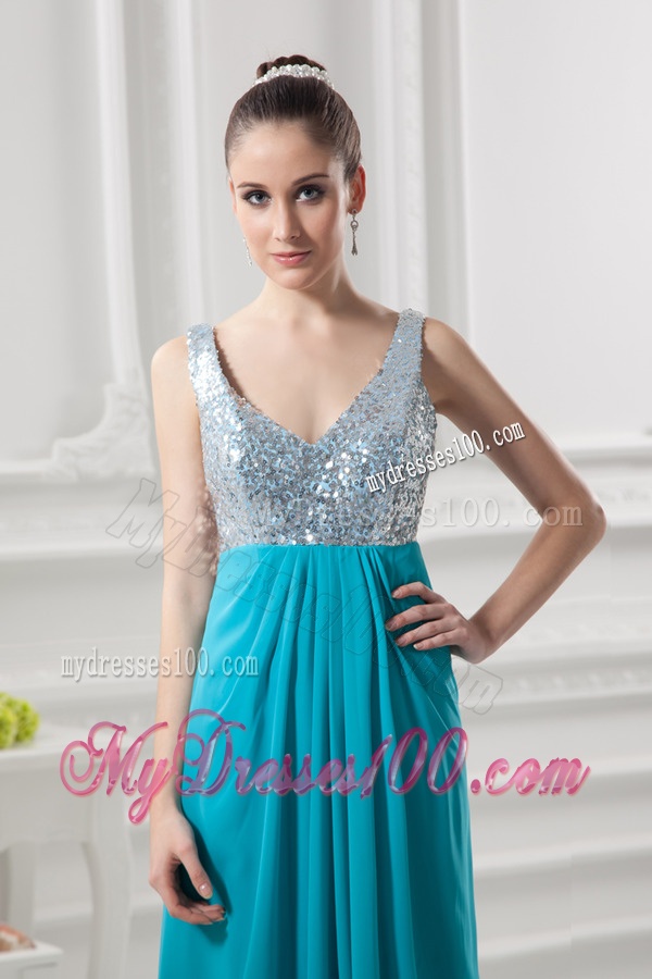 Empire Straps High Slit Pailette Teal Chiffon Evening Dress