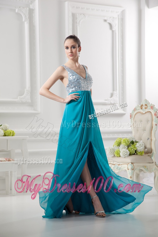 Empire Straps High Slit Pailette Teal Chiffon Evening Dress