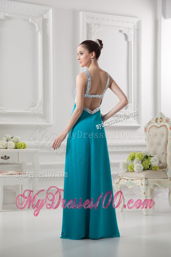 Empire Straps High Slit Pailette Teal Chiffon Evening Dress