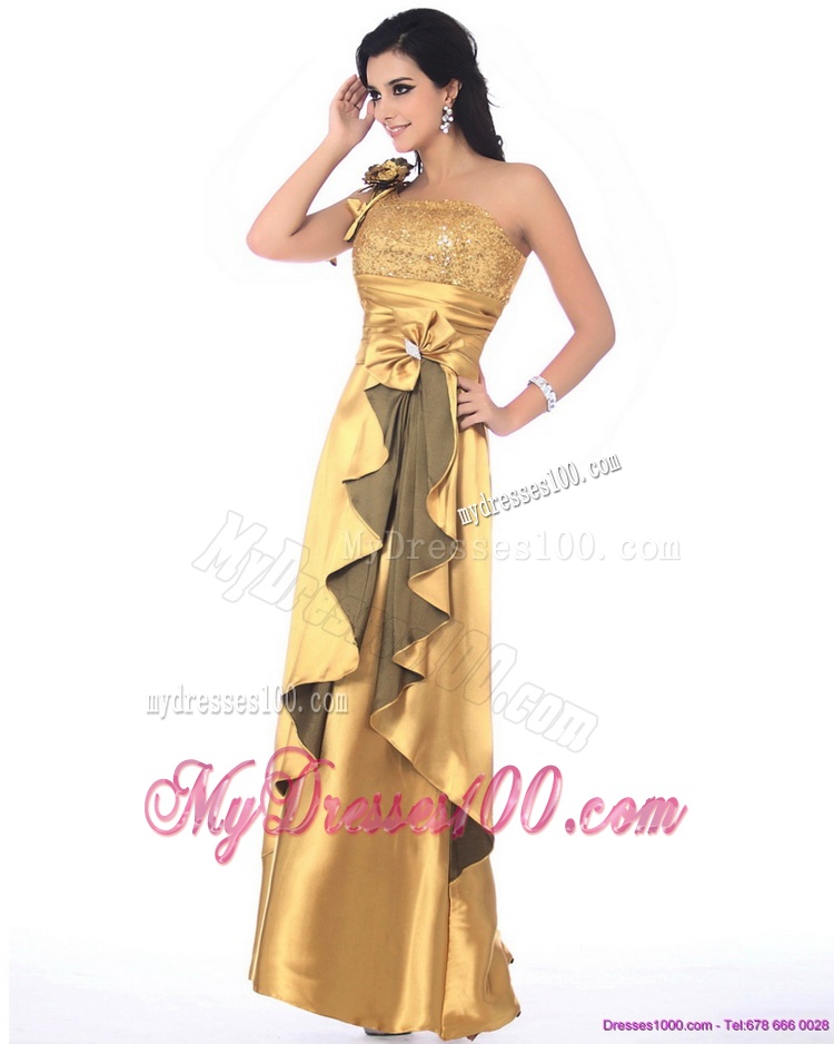 Gorgeous One Shoulder Gold Evening Dress with Hand Made Flowers and Ruching