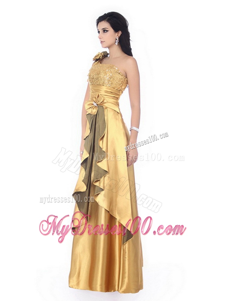 Gorgeous One Shoulder Gold Evening Dress with Hand Made Flowers and Ruching