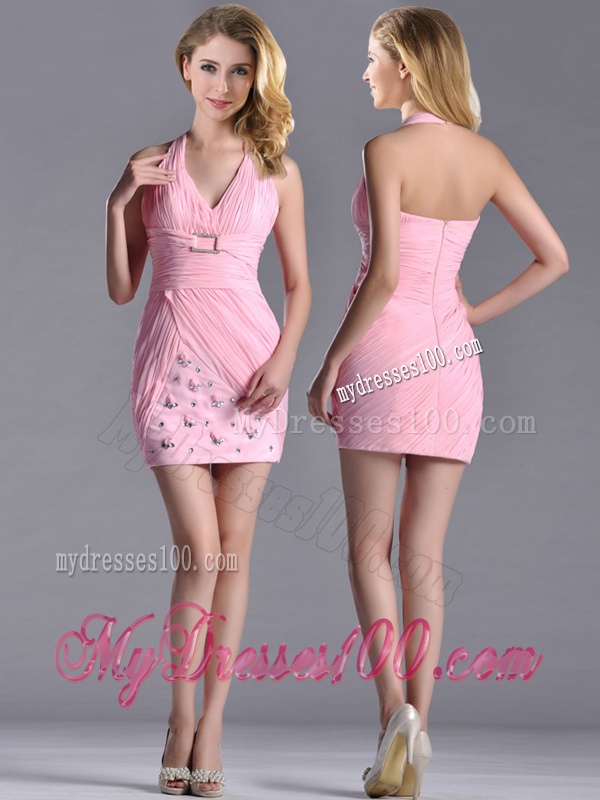Latest Column Halter Top Evening Dress with Beading and Ruching