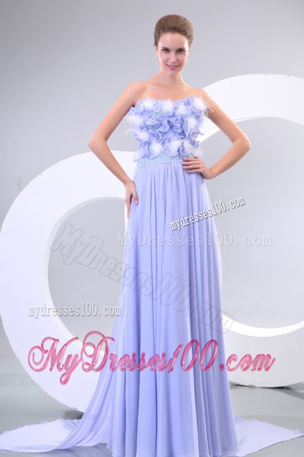 Lavender Strapless Empire Appliques and Laciness Watteau Train Evening Dress