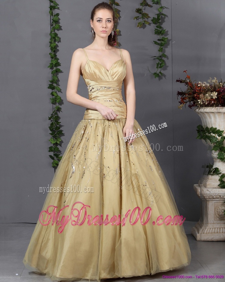 Luxurious 2016 Spaghetti Straps Champagne Evening Dress with Ruching and Beading