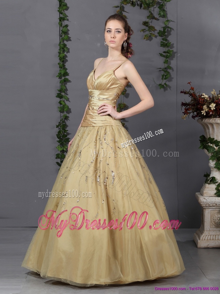 Luxurious 2016 Spaghetti Straps Champagne Evening Dress with Ruching and Beading