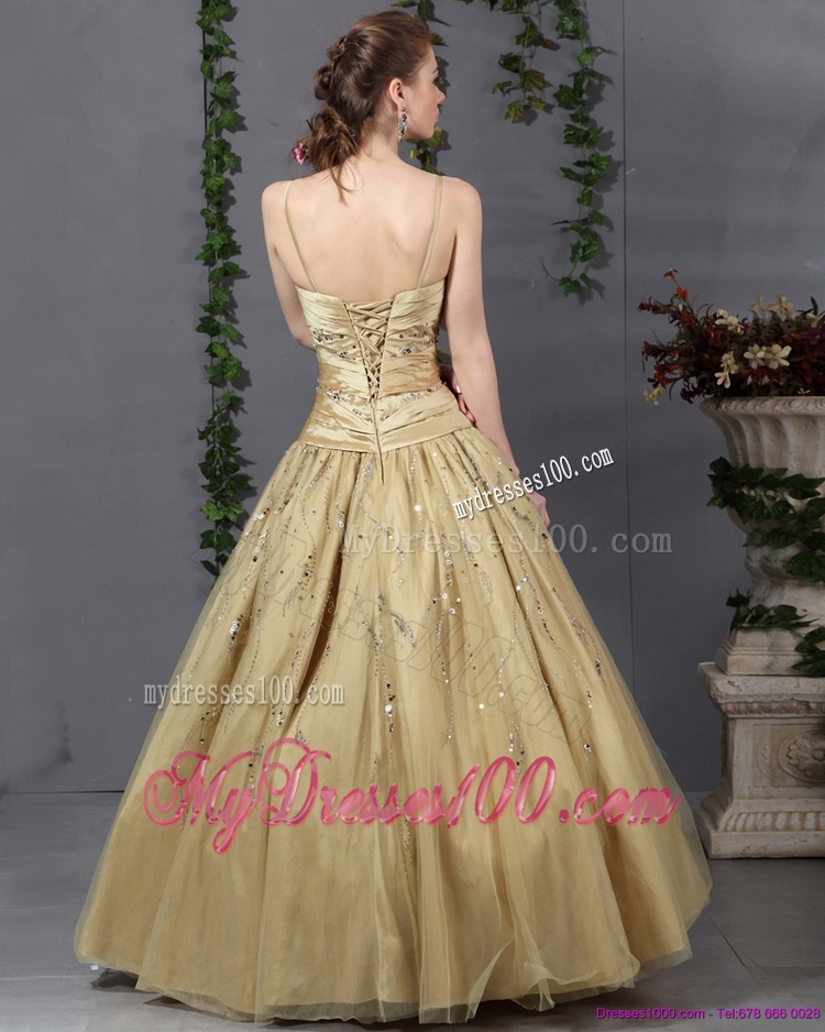 Luxurious 2016 Spaghetti Straps Champagne Evening Dress with Ruching and Beading