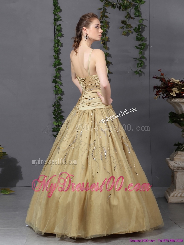Luxurious 2016 Spaghetti Straps Champagne Evening Dress with Ruching and Beading