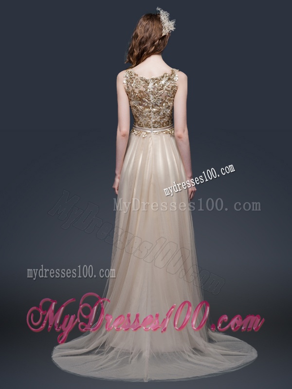Luxurious Brush Train Evening Dresses with Appliques and Bowknot