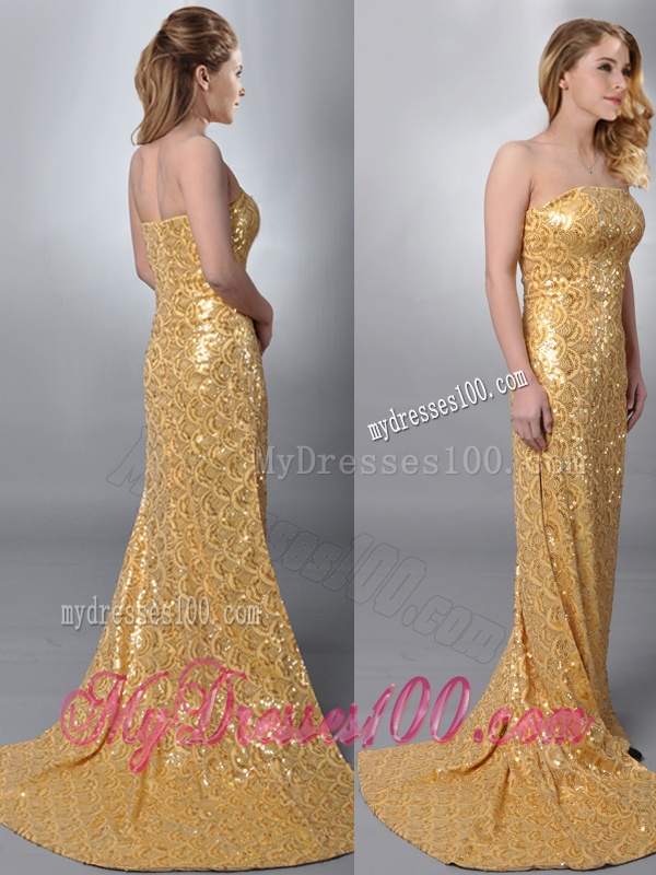 Luxurious Column Strapless Sequined Gold Evening Dress with Brush Train