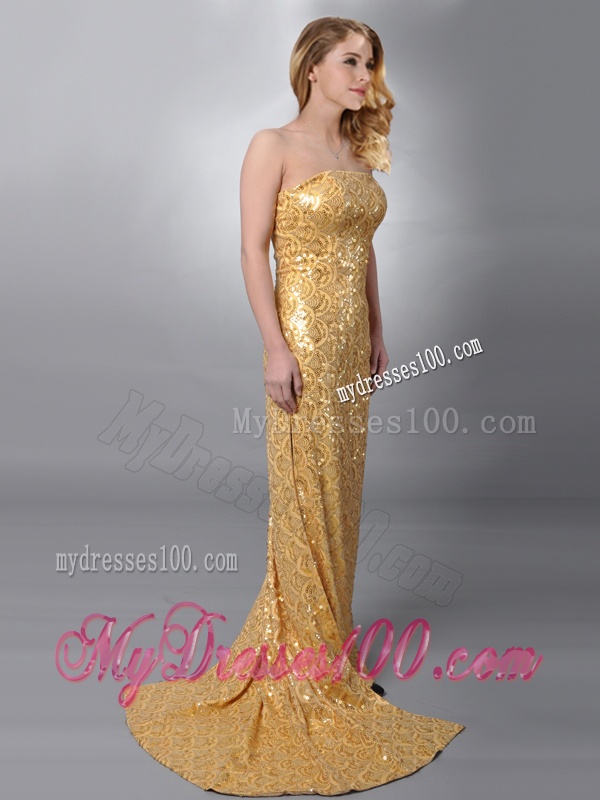 Luxurious Column Strapless Sequined Gold Evening Dress with Brush Train
