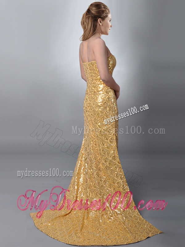 Luxurious Column Strapless Sequined Gold Evening Dress with Brush Train
