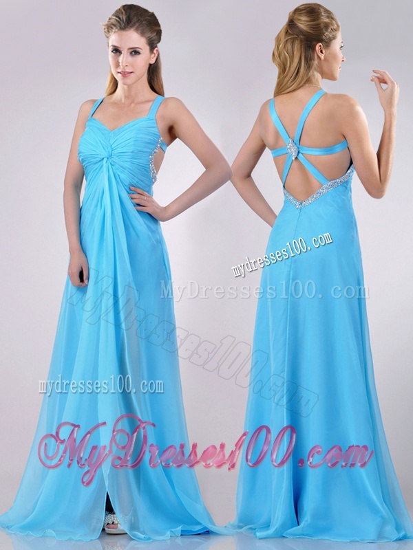 Luxurious Straps Criss Cross Beaded Long Evening Dress in Baby Blue