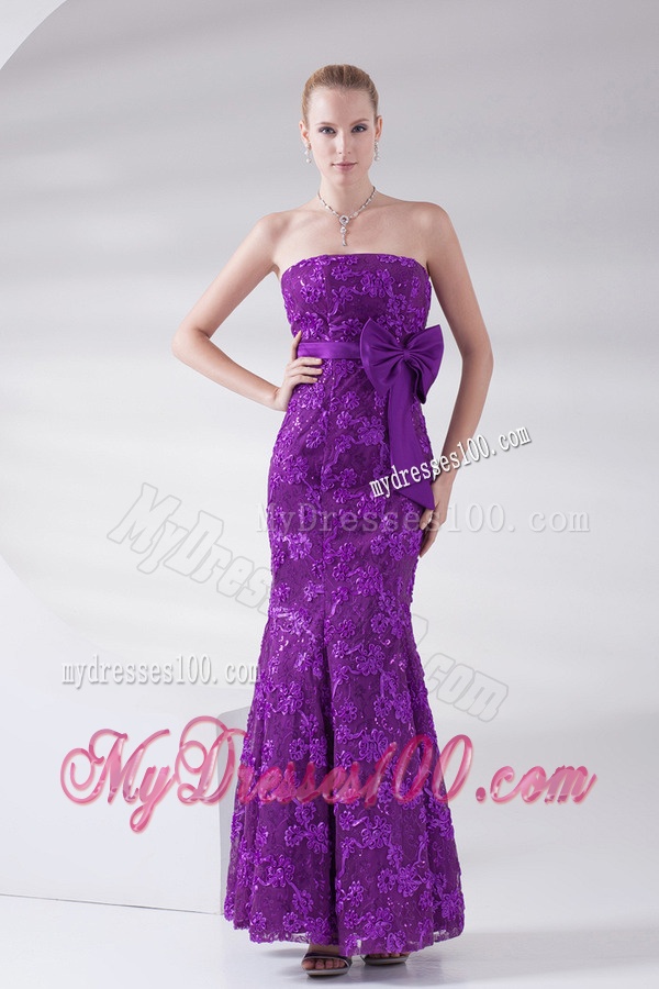 Mermaid Eggplant Purple Strapless Lace Sashes Ankle-length Evening Dress