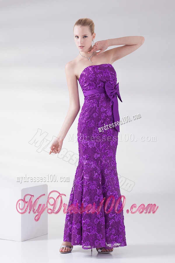 Mermaid Eggplant Purple Strapless Lace Sashes Ankle-length Evening Dress