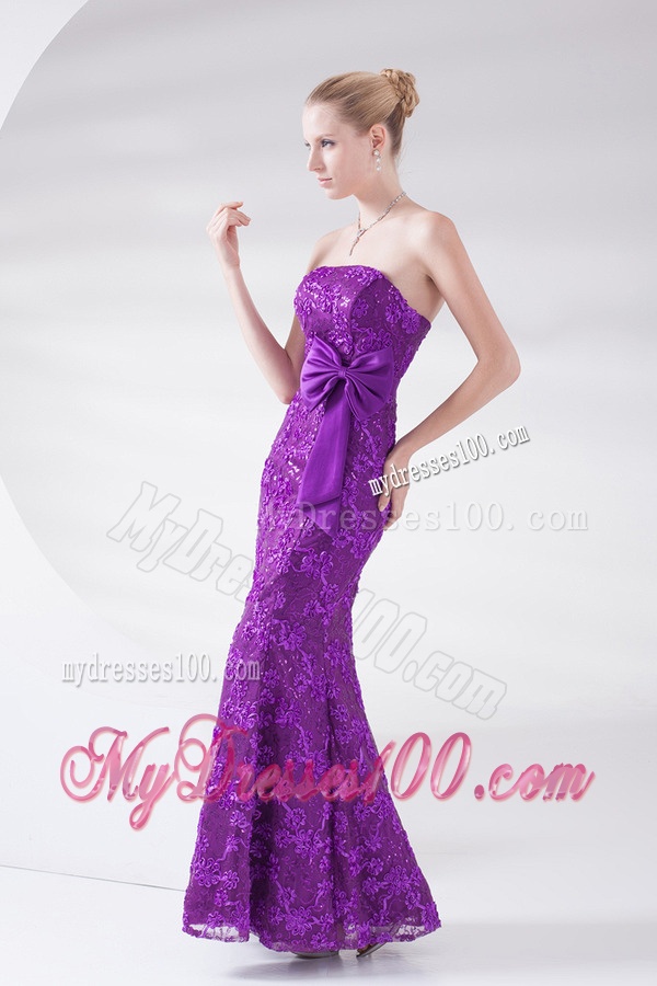Mermaid Eggplant Purple Strapless Lace Sashes Ankle-length Evening Dress