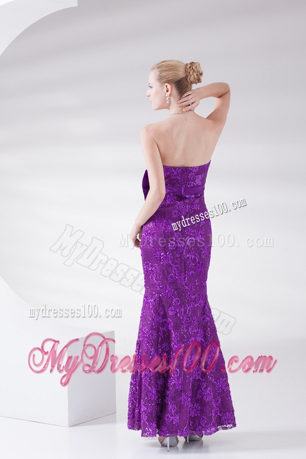 Mermaid Eggplant Purple Strapless Lace Sashes Ankle-length Evening Dress