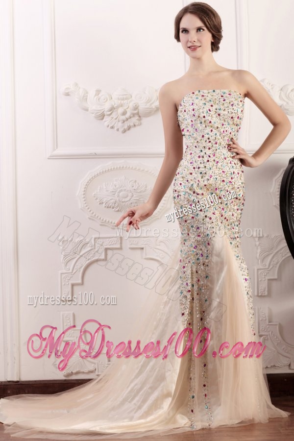 Mermaid Strapless Champagne Beading Court Train Evening Dress