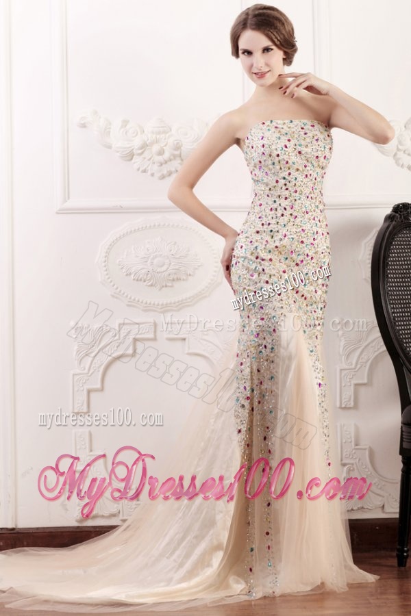 Mermaid Strapless Champagne Beading Court Train Evening Dress