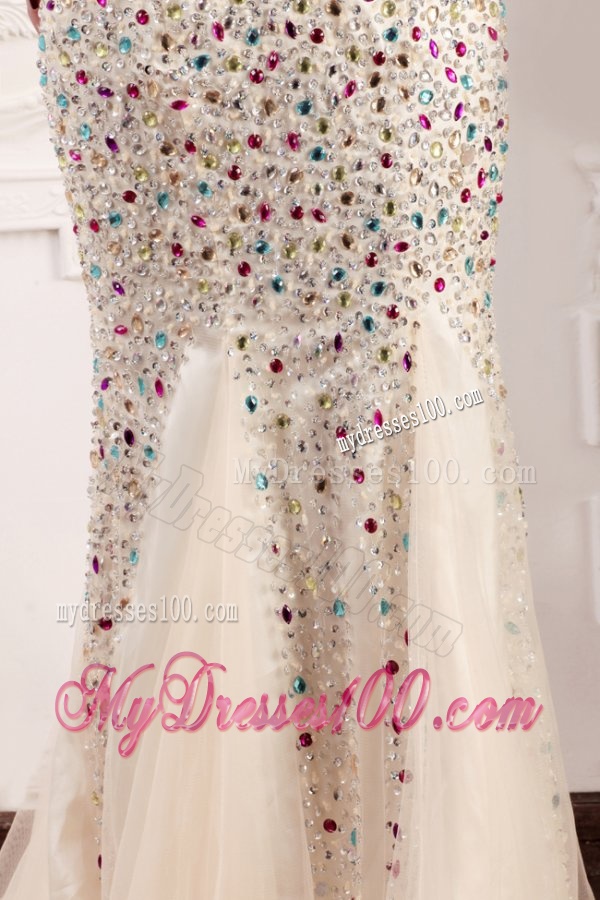 Mermaid Strapless Champagne Beading Court Train Evening Dress