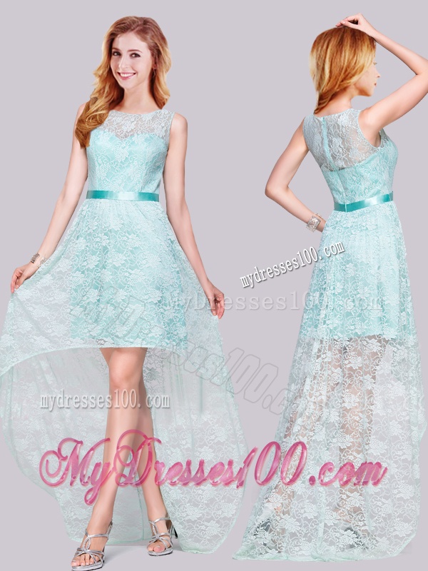 Modern High Low Belted and Laced Apple Green Evening Dress with Bateau