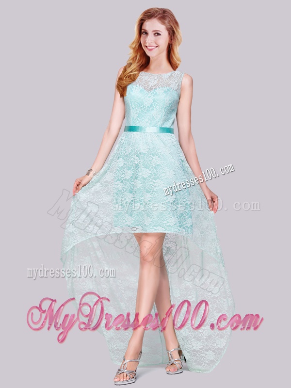 Modern High Low Belted and Laced Apple Green Evening Dress with Bateau