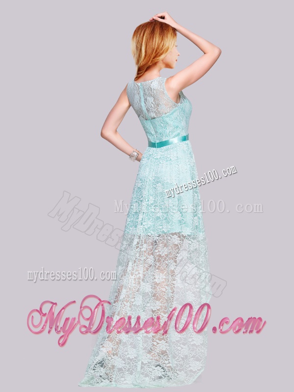 Modern High Low Belted and Laced Apple Green Evening Dress with Bateau