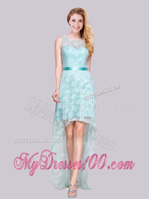 Modern High Low Belted and Laced Apple Green Evening Dress with Bateau