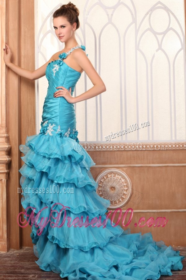 One Shoulder Appliques and Ruffles Layered Column Evening Dress in Teal