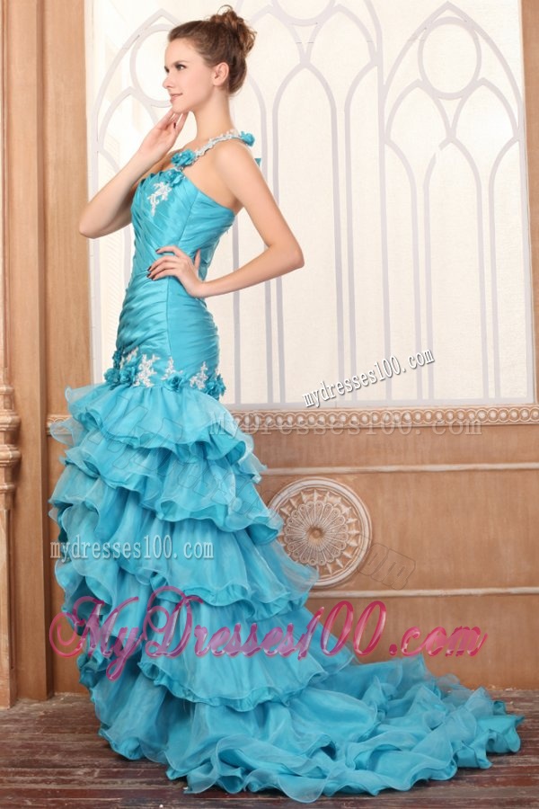 One Shoulder Appliques and Ruffles Layered Column Evening Dress in Teal