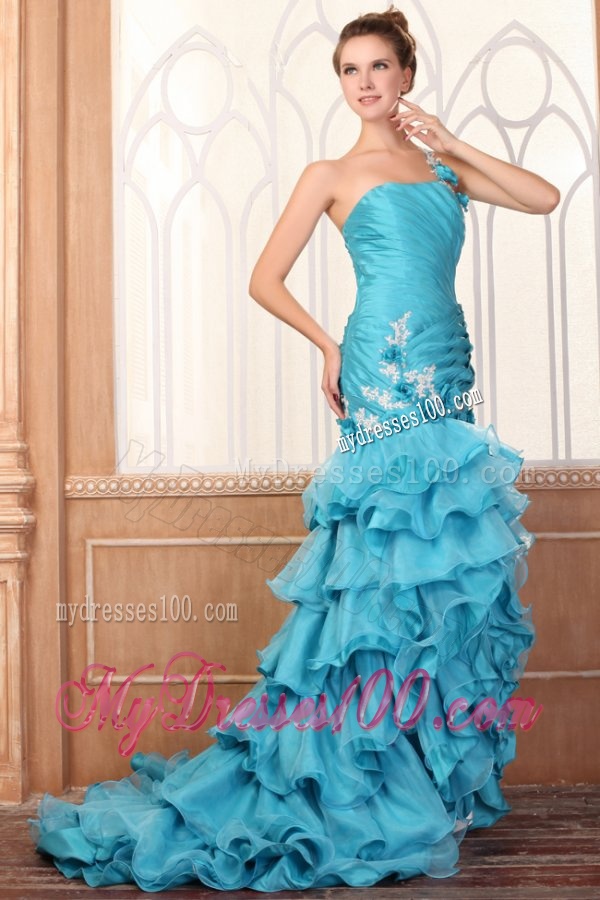 One Shoulder Appliques and Ruffles Layered Column Evening Dress in Teal