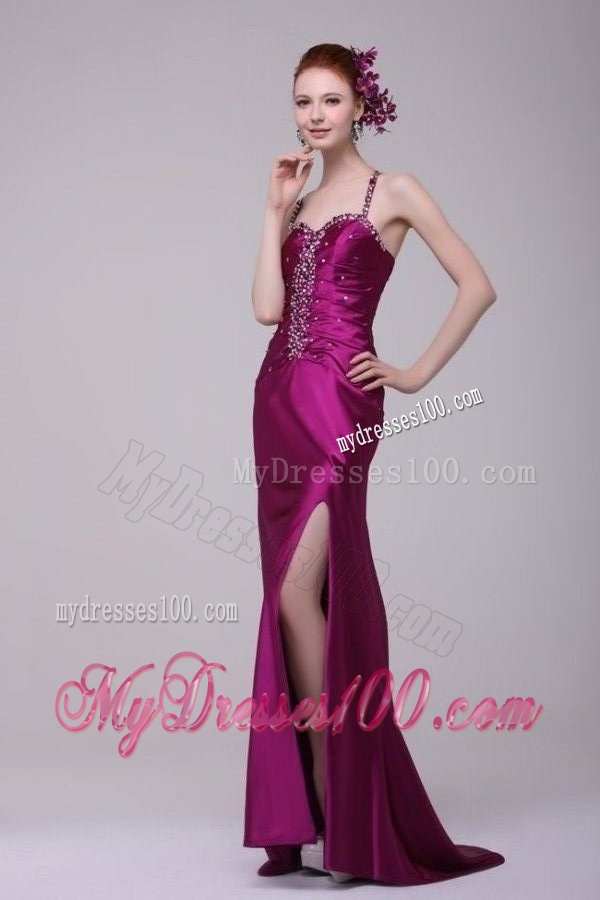Sexy Column Straps Beading Elastic Woven Satin Brush Train Fuchsia Evening Dress with Criss Cross