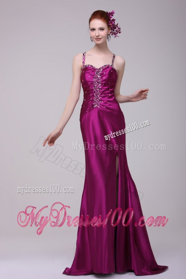 Sexy Column Straps Beading Elastic Woven Satin Brush Train Fuchsia Evening Dress with Criss Cross
