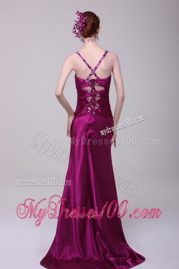 Sexy Column Straps Beading Elastic Woven Satin Brush Train Fuchsia Evening Dress with Criss Cross