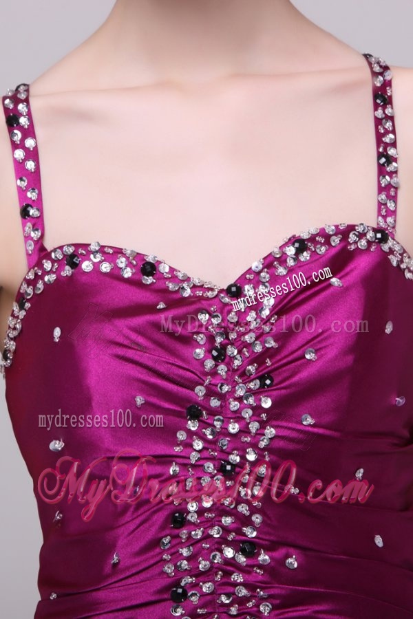 Sexy Column Straps Beading Elastic Woven Satin Brush Train Fuchsia Evening Dress with Criss Cross