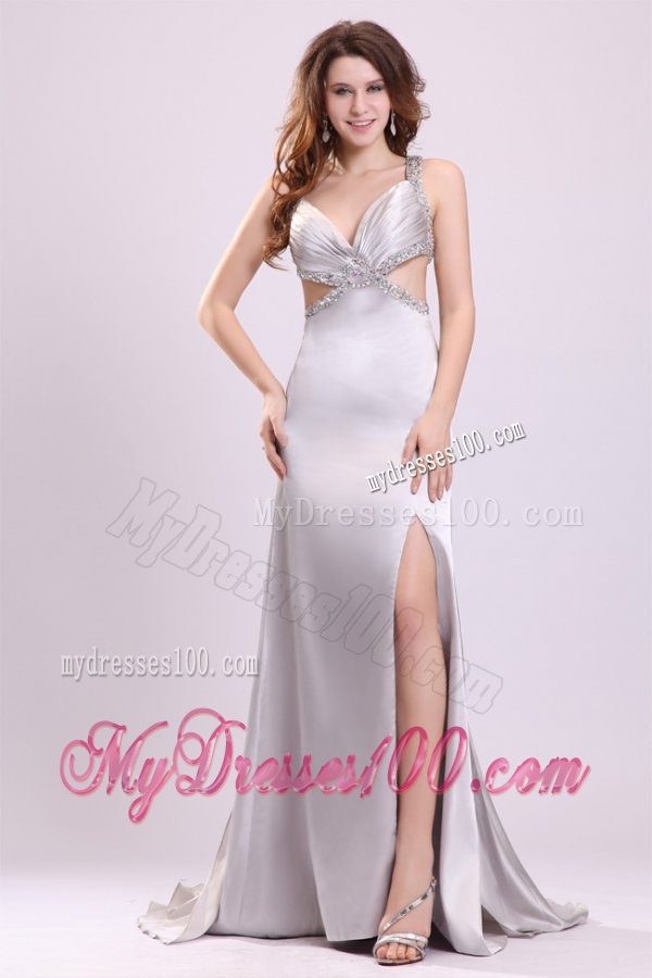 Sexy Column V neck Grey Watteau Train Beading Elastic Woven Satin Evening Dress with Criss Cross