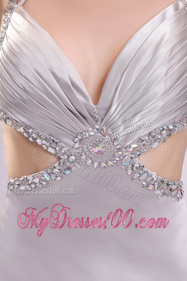 Sexy Column V neck Grey Watteau Train Beading Elastic Woven Satin Evening Dress with Criss Cross