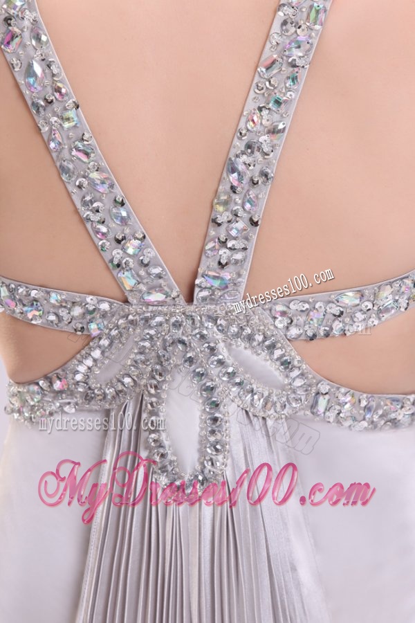 Sexy Column V neck Grey Watteau Train Beading Elastic Woven Satin Evening Dress with Criss Cross