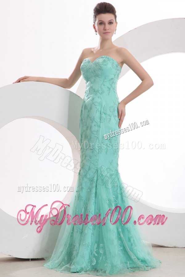 Sexy Mermaid Sweetheart Apple Green Embroidery Tulle Evening Dress with Brush Train