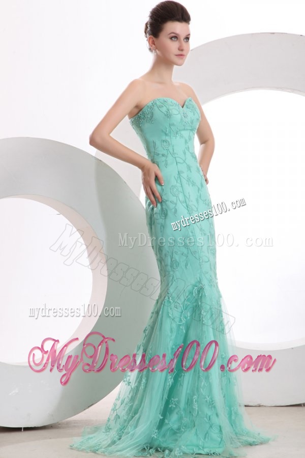 Sexy Mermaid Sweetheart Apple Green Embroidery Tulle Evening Dress with Brush Train