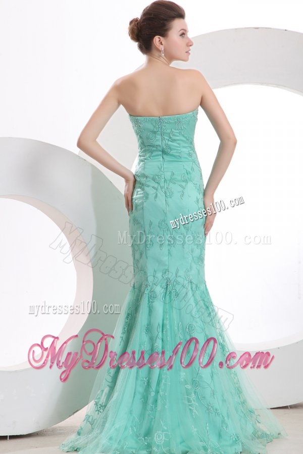 Sexy Mermaid Sweetheart Apple Green Embroidery Tulle Evening Dress with Brush Train