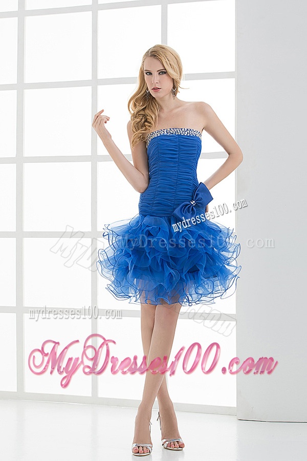Short Strapless Beading and Ruching Ruffles Organza Evening Dress