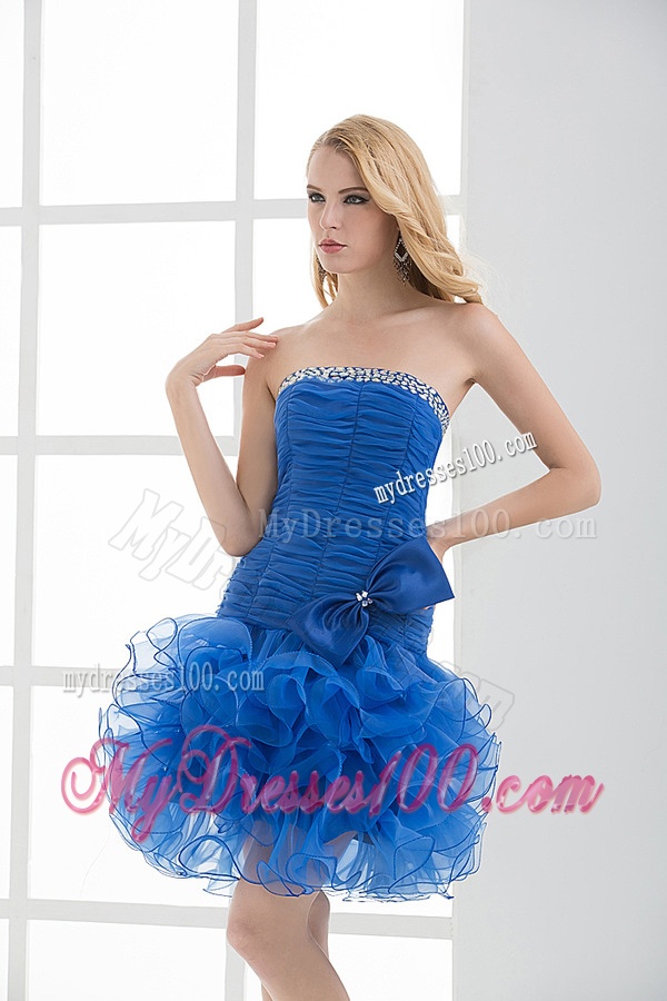 Short Strapless Beading and Ruching Ruffles Organza Evening Dress