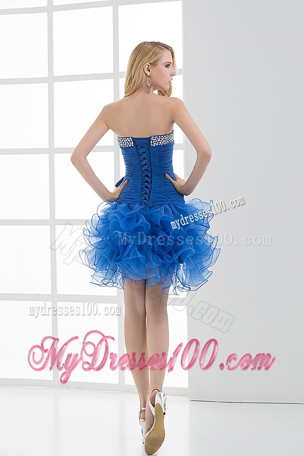 Short Strapless Beading and Ruching Ruffles Organza Evening Dress