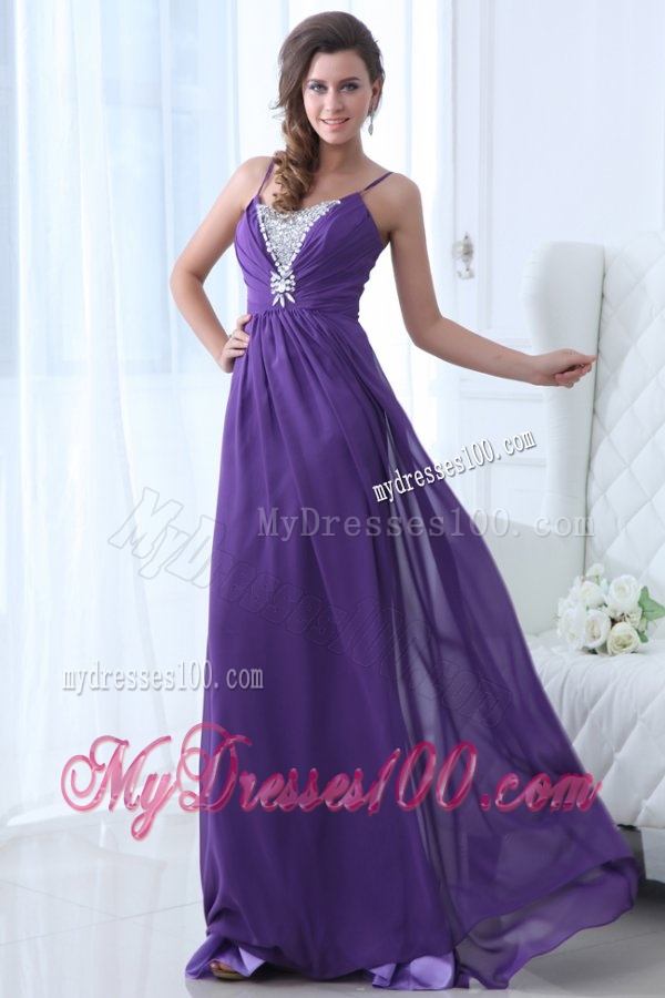 Simple Empire Straps Floor-length Chiffon Beading Purple Evening Dress