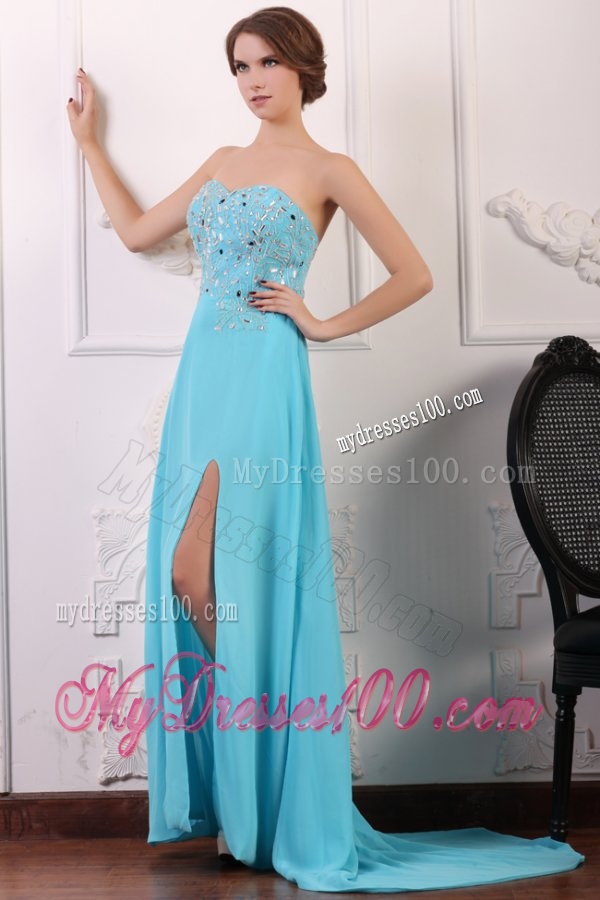 Sweetheart Beading and High Silt Chiffon Aqua Blue Evening Dress