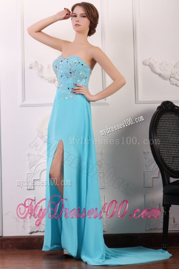Sweetheart Beading and High Silt Chiffon Aqua Blue Evening Dress